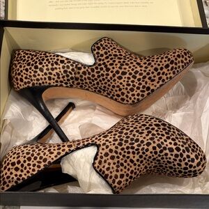 Ann Taylor Vintage Leopard-Print Pony Hair Stiletto Heels. Patent leather trim.
